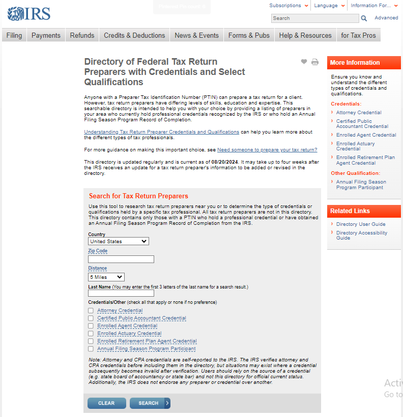 Directory of federal tax return preparers with credentials and select qualification